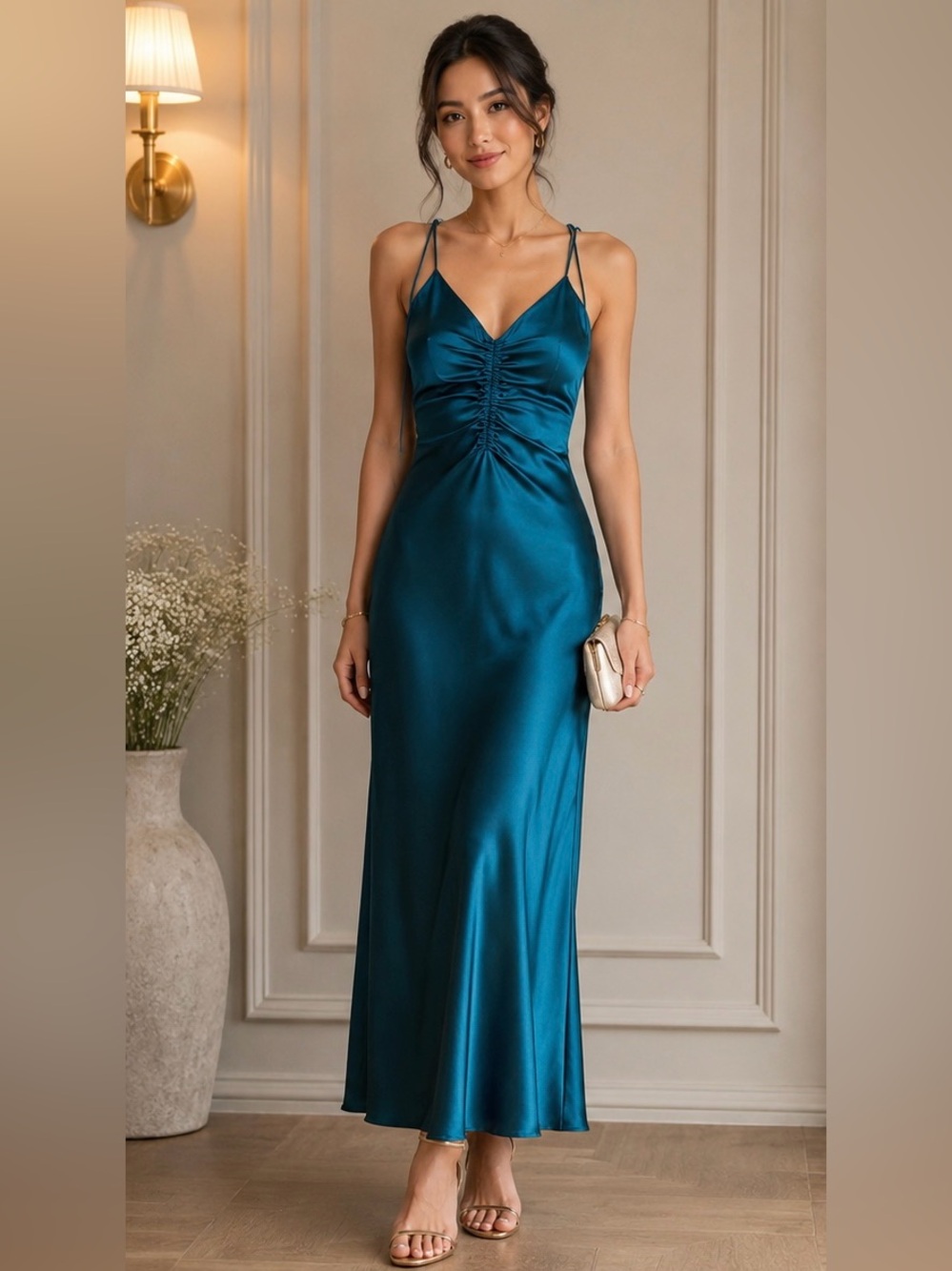 Jason Wu Teal Satin Open-Back Midi Dress | Size Small | Ruched Front Detail